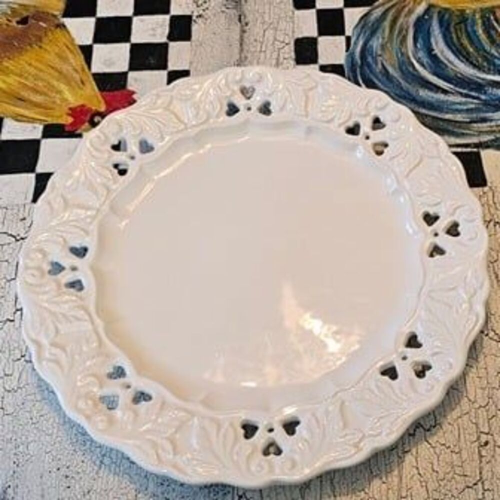 Set of 8 Vintage Portugal White Ceramic Reticulated Plates Hearts & Leaves 11"